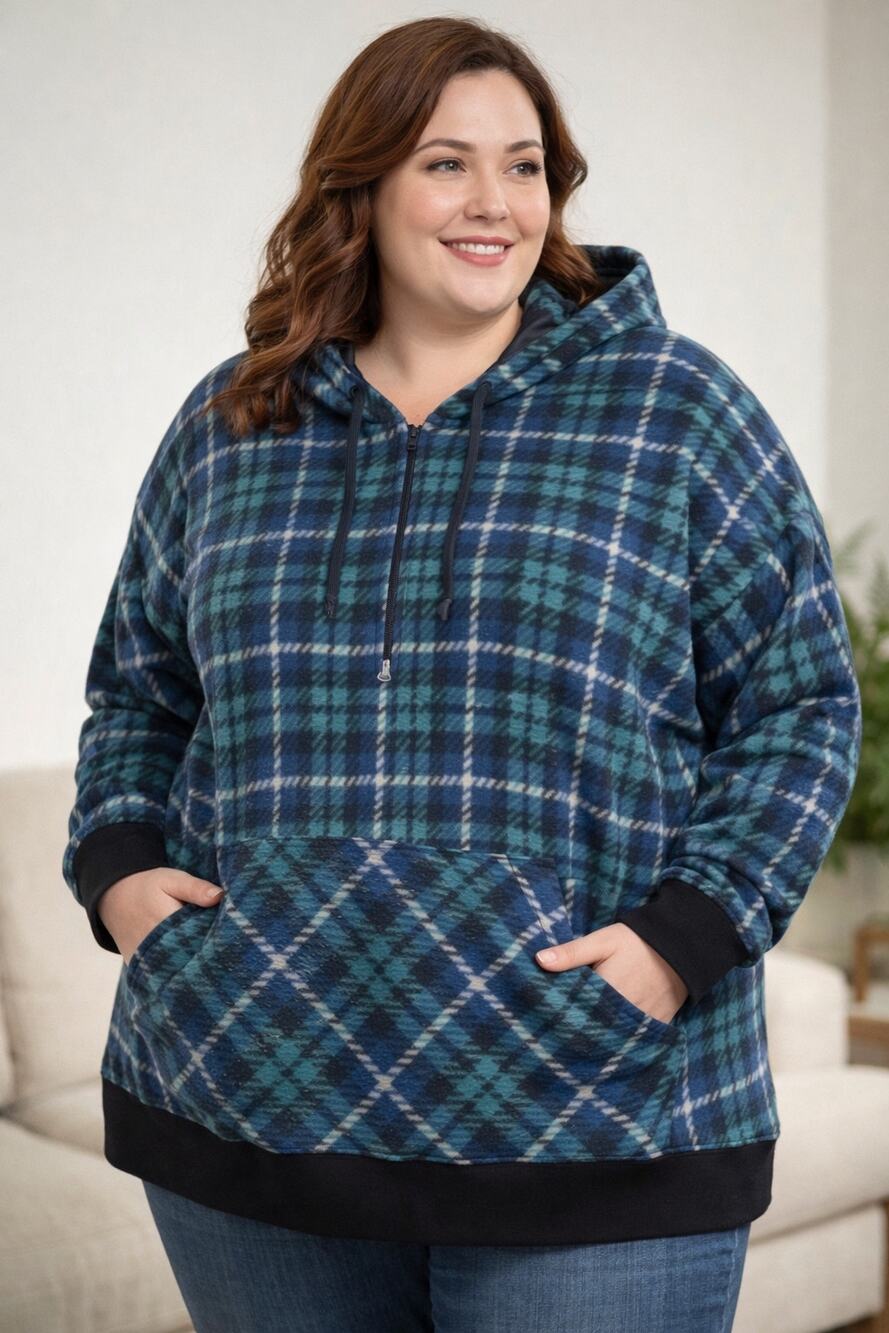Vintage Fashion Bug Plus Size 22/24W Plaid Hoodie Teal Navy Blue Fleece Pullover